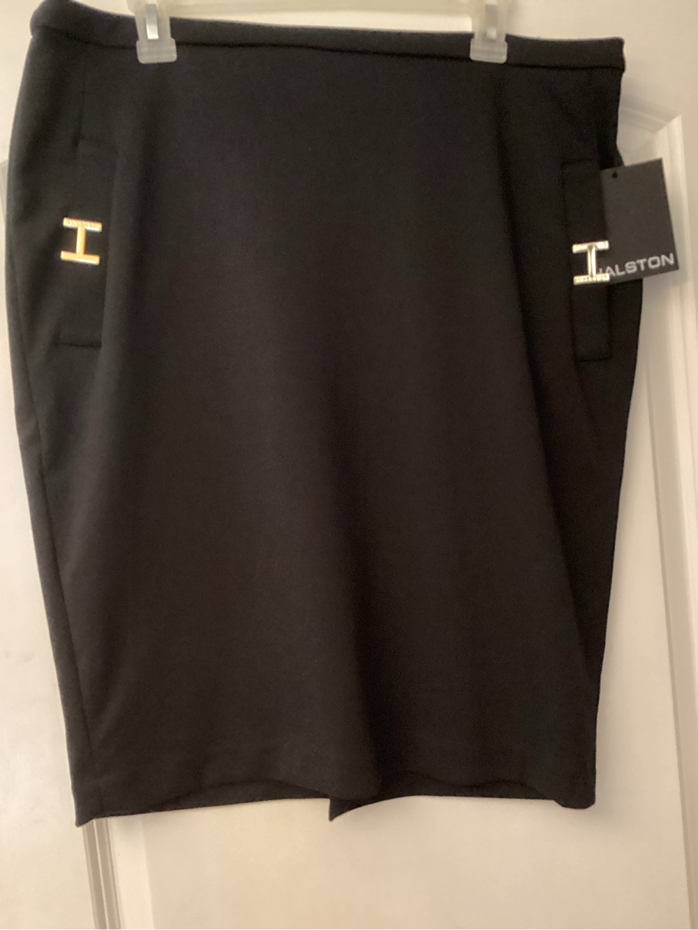 Halston Black Ponte Knit Pencil Skirt with Gold H Accents